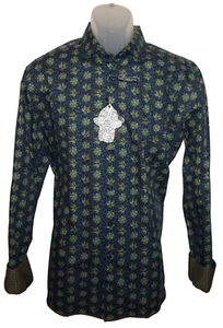 Camisa Visconti Manga Larga M Ajuste A Medida Estampado Hoja Verde 100% Algodón Italiano - Imagen 1 de 8