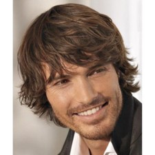 100% Real Hair！Men Natural Straight Curly Dark Brown Human Hair Wig Toupee