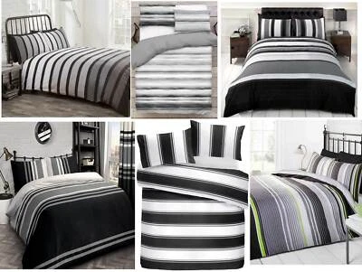 RAPPORT, FUSION, VELOSSO Grey Black Stripe Duvet Cover Reversible Bedding Set Single Double King