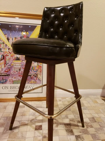 Mid Century Modern  Bar Stool Black Leather Tufted  Rare swivel Cover
