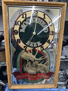 Vintage Elchkopf Bier Spiegel Uhr Schild Holzrahmen Glas 19x13 Mann Höhle Geschenk! - Bild 1 von 3