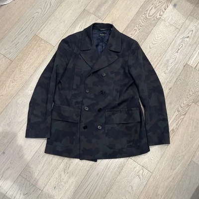 Paul Smith Mens Large Wool Trench Coat Blue Green Camo  - Image 1 of 4