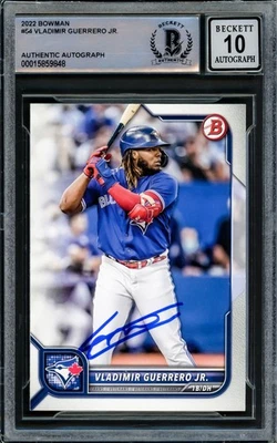 Vladimir Guerrero Jr. Tarjeta Bowman 2022 firmada 54 Blue Jays automática GM 10 Beckett Foto 1 de 2
