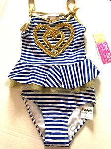 Flapdoodles Swimsuit 2 Piece Tankini Blue Stripe Gold Accent UPF 50+ Sz 5 - Picture 1 of 12