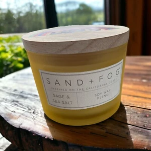 Sand + Fog Soy Candle Sage Sea Salt 2 Wick Jar 12 oz Wood Lid Rainbow Love NEW - Picture 1 of 4