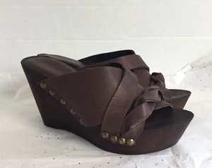 Charles David Brown Leather  Wood Platform Wedge Clog Sandal -Size 38 US 7 Studs - Picture 1 of 11