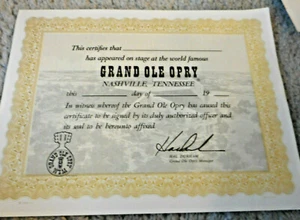 Nashville TN Grand Ole Opry Appearance Certification Sheet - Picture 1 of 2