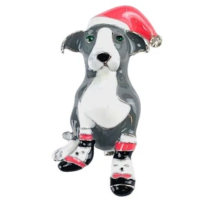 Brooch Cute Christmas Enamel Dog Gray & White Pit Bull - Picture 1 of 2