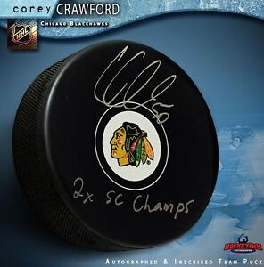 COREY CRAWFORD Signed Chicago Blackhawks Puck Inscribed "2x SC Champs"