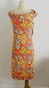 Ralph Lauren Dress Size M Sheath Floral Orange Blue Cotton Stretch Luxury - Picture 1 of 15