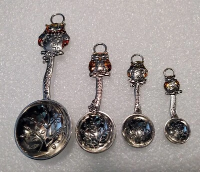 Owls Measuring Spoons Amber Silver Owls Branches Tree Hearts 4 Pc Set  - Image 1 of 4