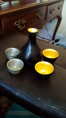 Vintage Black & Gold Sake Bottle & Cup Set - Image 1 of 4