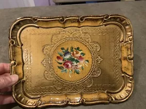 Vassoio vintage legno inciso piccolo servizio fatto a mano floreale Firenze Italia - Foto 1 di 6