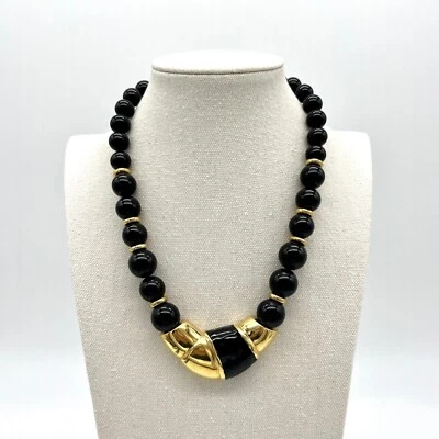 Vintage Napier Gold Black Chunky Beaded Necklace Statement Collar Jewelry - Image 1 of 4