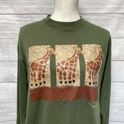 Vintage Giraffe Graphic Olive Green Long Sleeve T-Shirt Large 80s 90s - Image 1 of 4