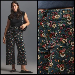 Maeve Anthropologie Colette Cropped Wide-Leg Pants Green Floral Corduroy Size 16 - Picture 1 of 16