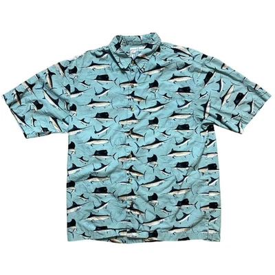 Camisa de campamento azul estampada de pez espada marlin Guy Harvey AFTCO para hombre mediana Foto 1 de 4
