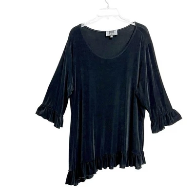 Top asimétrico Slinky Brand Lagenlook para mujer 2X talla grande negro con volantes elástico Foto 1 de 4