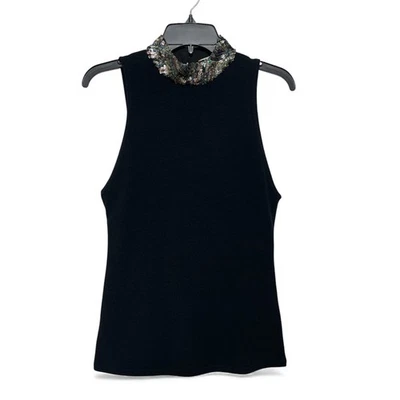 Top Alice Olivia Negro Sin Mangas Cuello Simulado Lentejuelas Cuello Recortado Trasero Foto 1 de 4