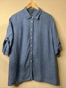 Lauren Ralph Lauren Damen Top Freizeit Blau Leinen Knopfleiste Rollriegel Ärmel 2XL - Bild 1 von 10