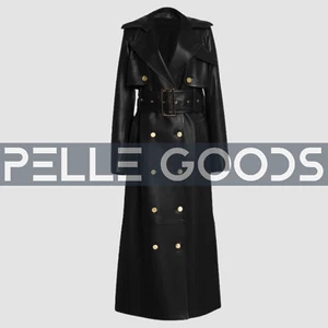 Women’s Black Genuine Leather Trench Coat - Double-Breasted Long Belted Jacket - Picture 1 of 9