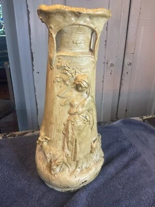 Antique ART NOUVEAU POTTERY VASE figural lady raised relief maiden With Goats - Picture 1 of 13