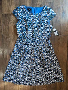 Vestido AGB Vaina Midi Mujer Talla 12 Negro/Azul Geométrico Manga Gorra Plisada Nuevo con Etiquetas - Imagen 1 de 18