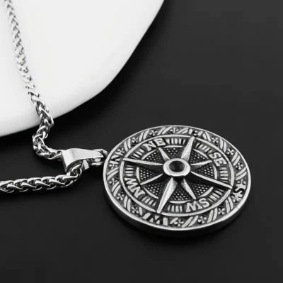 Klassische Kompass-Rosenkette aus Edelstahl mit schwarzen Strassstein, 60 cm - Bild 1 von 4