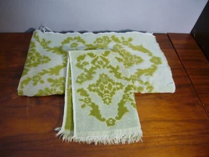2 Rare Vintage Cannon Green Hand Bath Towels Fringed Sculptured - Picture 1 of 6