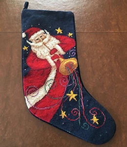 Vtg Wool Needlepoint Christmas Stocking Flying Santa Musical Horn Lillian Vernon - Bild 1 von 6