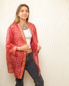 Pure Seda Corto Kimono Abrigo Duster Chaqueta Cárdigan Tapa Sueltos Bata Rojo Ps - Imagen 1 de 12