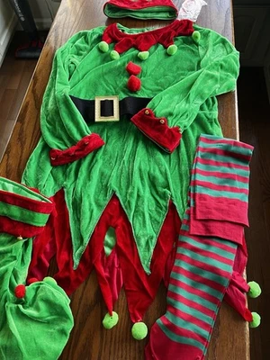NEW ELF OUTFIT COSTUME GREEN RED DRESS HAT EARS STOCKINGS BOOTIES NIP MED - Image 1 of 4