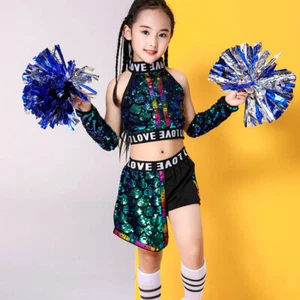 Children's Jazz Dance Apparel Sequins Street Dance Set Hip Hop Green - Picture 1 of 7