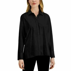 NWT $80 Alfani Women's M Black Long Sleeve Side-Slit Button Shirt Tunic Top - Picture 1 of 7