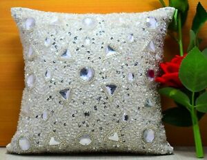 White Silver Crystal Beaded Throw Pillow Cover Luxury Modern Cushion Cover