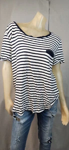 H&M Basic White Blue Stripe Boat Neck Short Sleeve Blouse Top Shirt LARGE USED - Picture 1 of 6