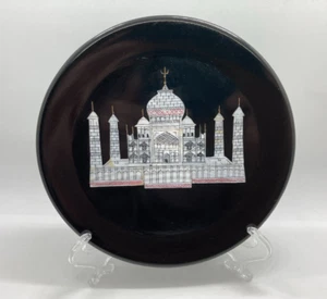 Taj Mahal Mother of Pearl Inlay Decorative Souvenir Plate 6" Diameter Black - Picture 1 of 6