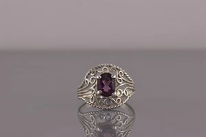 Sterling Silver Oval Purple Amethyst Open Scrolled Band Ring 925 Sz: 7 - Picture 1 of 8