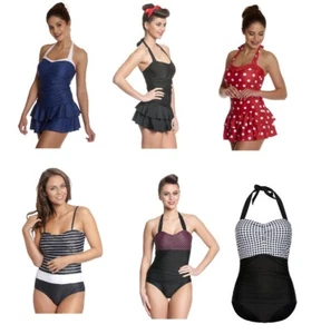 Pussy Deluxe Badeanzug Swimsuit Baderock Kariert gestreift Punkte rot schwarz - Picture 1 of 29