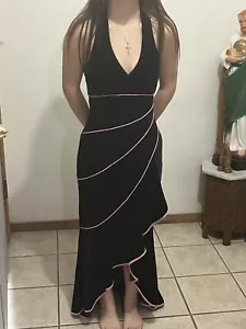 Betsy And Adam Small Black Velour Halter High Low Hem Dress Pink Ruffle Detail - Picture 1 of 11
