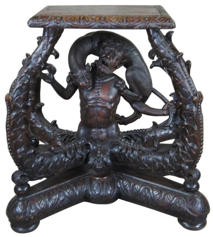 Antique 19th C Continental Oak Figural Carved Pedestal Table Stand Man & Panther Cover
