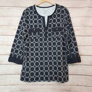 Charter Club Luxury Top XL Pima Cotton Geometric Black White 3/4 Sleeve - Picture 1 of 14