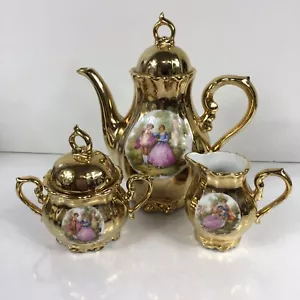 Vintage JKW Dez. Karlsbad Gold Kaffee/Teekanne mit Zucker und Milchkännchen gemarkt - Bild 1 von 10