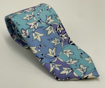 Emilio Pucci Firenze Men’s 100% Silk Abstract Floral Necktie Blue Purple White - Image 1 of 4