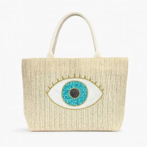 Evil Eye Straw Tote Bag Natural Woven Raffia Blue Glitter Eye Charm Beach Boho - Picture 1 of 10