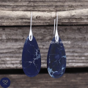 Dark Blue SILVER Hook Teardrop Natural Stone Jasper Earrings, Drop Earrings - Picture 1 of 2