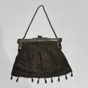 Vintage Kettenhemd Netz Geldbörse mit EPNS Rahmen Art Deco 1910er-20er Tropfen Fransen Tasche - Bild 1 von 15