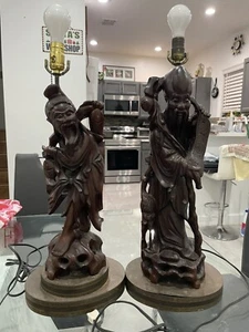 Vtg Rare Hand carved Asian Fisherman & Hunter Oriental Style Table Lamps 23” - Picture 1 of 16