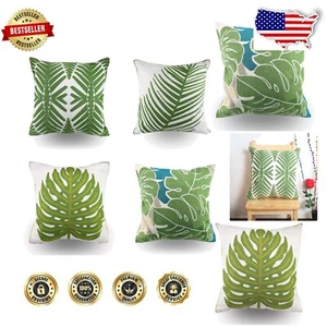 Durable 18x18 Tropical Leaf Embroidery Pillow Covers - 4-Pack for Modern Living - Picture 1 of 11