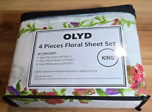 King Bed Sheet Set, 1 Flat Sheet, 1 Fitted Sheet & 2 Pillowcases Floral - Picture 1 of 7